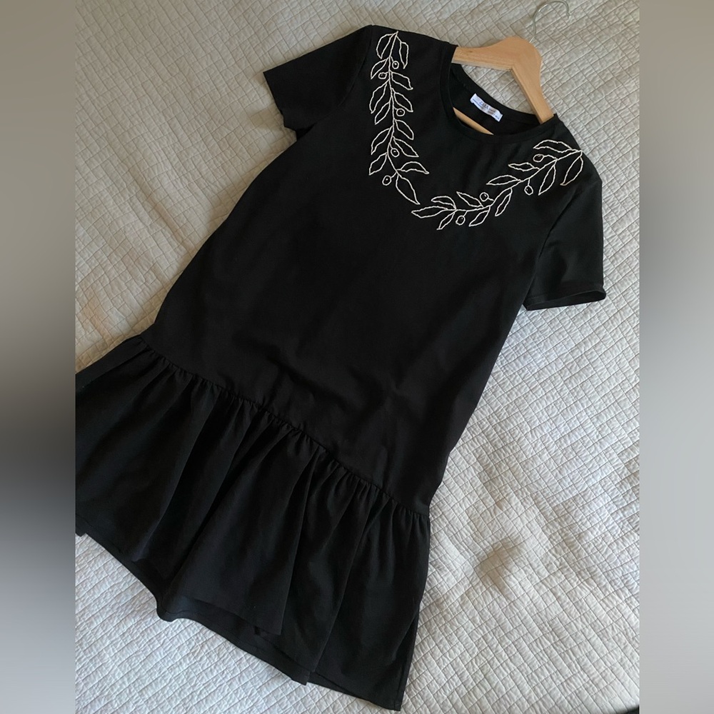 Zara Hand-Embroidered Black Midi Dress With Ruffles - Olive Leaves - M